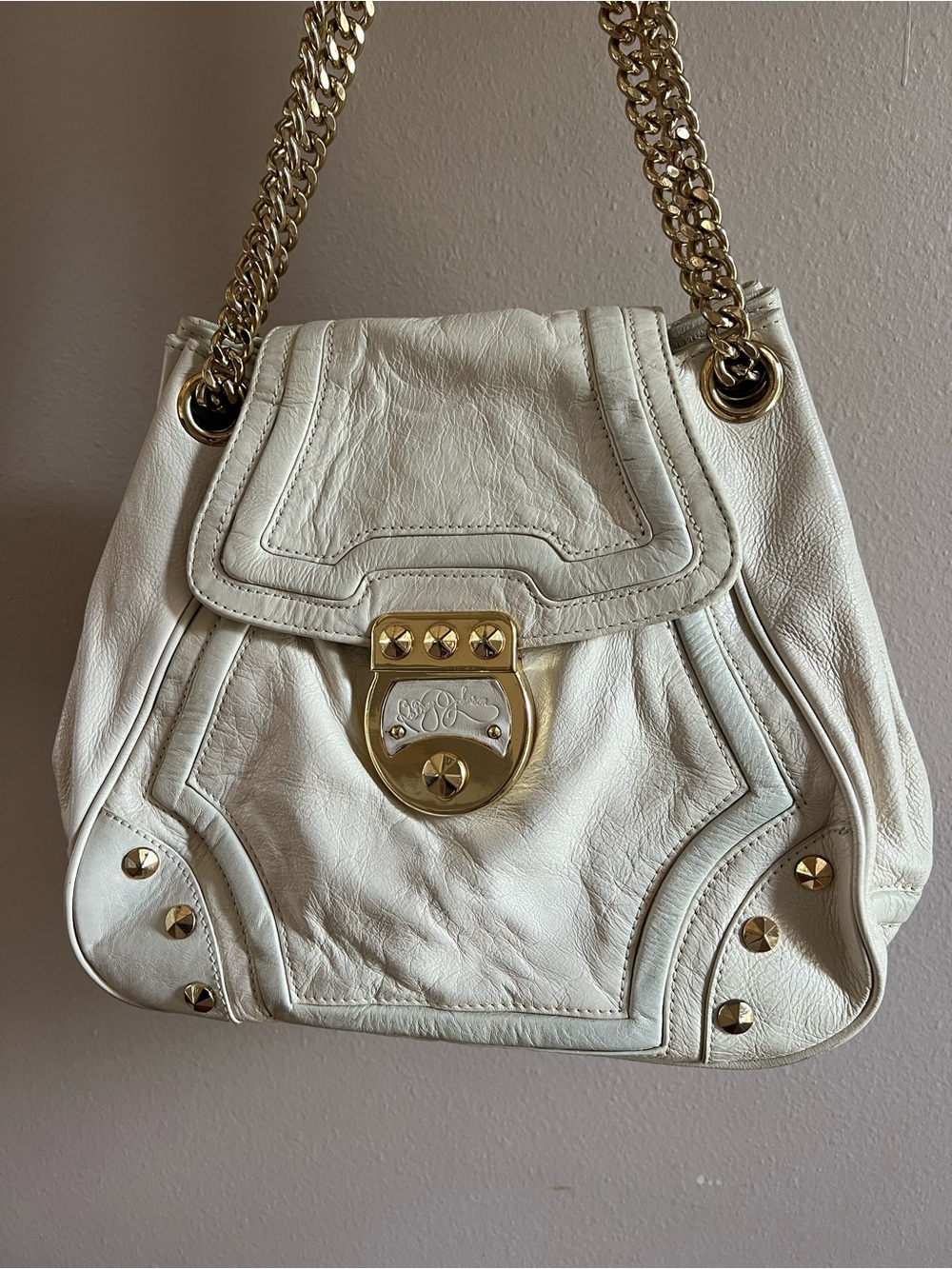 Vintage Betsey Johnson Y2K Full Grain Cow Leather Cream Gold Studs - Picture 2 of 13